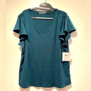 Short sleeve knit top with silver thread, stripe detail